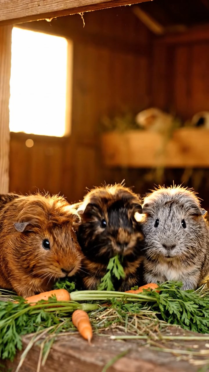 503. Highly detailed view of 3 smooth-haired Himalayan guinea pigs with Gray, Cream, and Brown fur, squeaking to communicate in a dense fern grove with soft moss and scattered twigs, under dappled sunlight, creating a realistic, immersive scene of natural interaction.