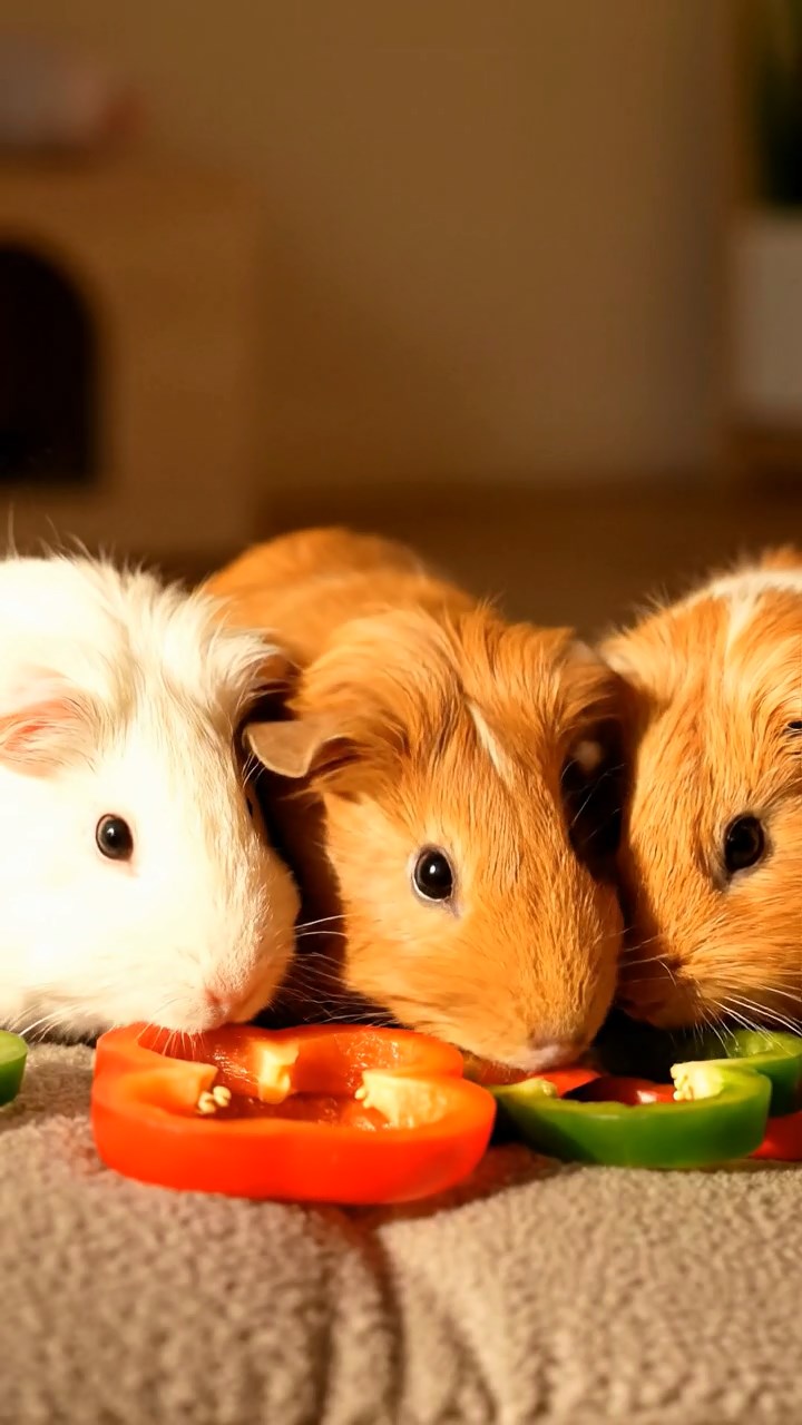 504. Realistic scene of 4 smooth-haired Californian guinea pigs with Fawn, Chocolate, Cinnamon, and Sable fur, dressed as firefighters in tiny uniforms, operating a miniature ladder in a guinea pig town square with cobblestone paths and glowing lanterns, enhancing the lifelike, heroic atmosphere.