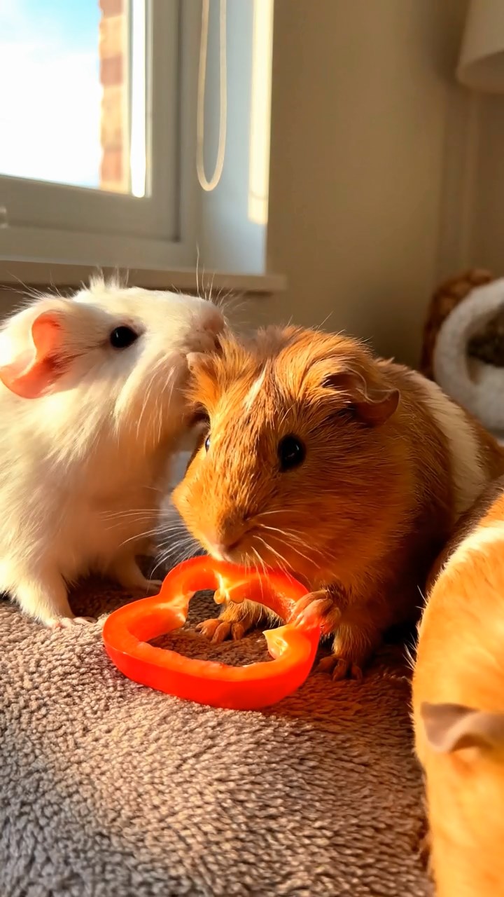 504. Realistic scene of 4 smooth-haired Californian guinea pigs with Fawn, Chocolate, Cinnamon, and Sable fur, dressed as firefighters in tiny uniforms, operating a miniature ladder in a guinea pig town square with cobblestone paths and glowing lanterns, enhancing the lifelike, heroic atmosphere.