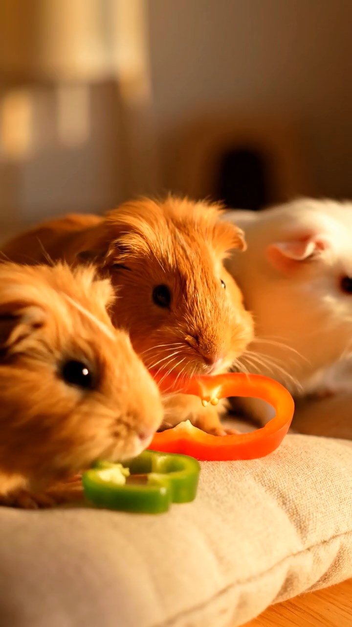 504. Realistic scene of 4 smooth-haired Californian guinea pigs with Fawn, Chocolate, Cinnamon, and Sable fur, dressed as firefighters in tiny uniforms, operating a miniature ladder in a guinea pig town square with cobblestone paths and glowing lanterns, enhancing the lifelike, heroic atmosphere.