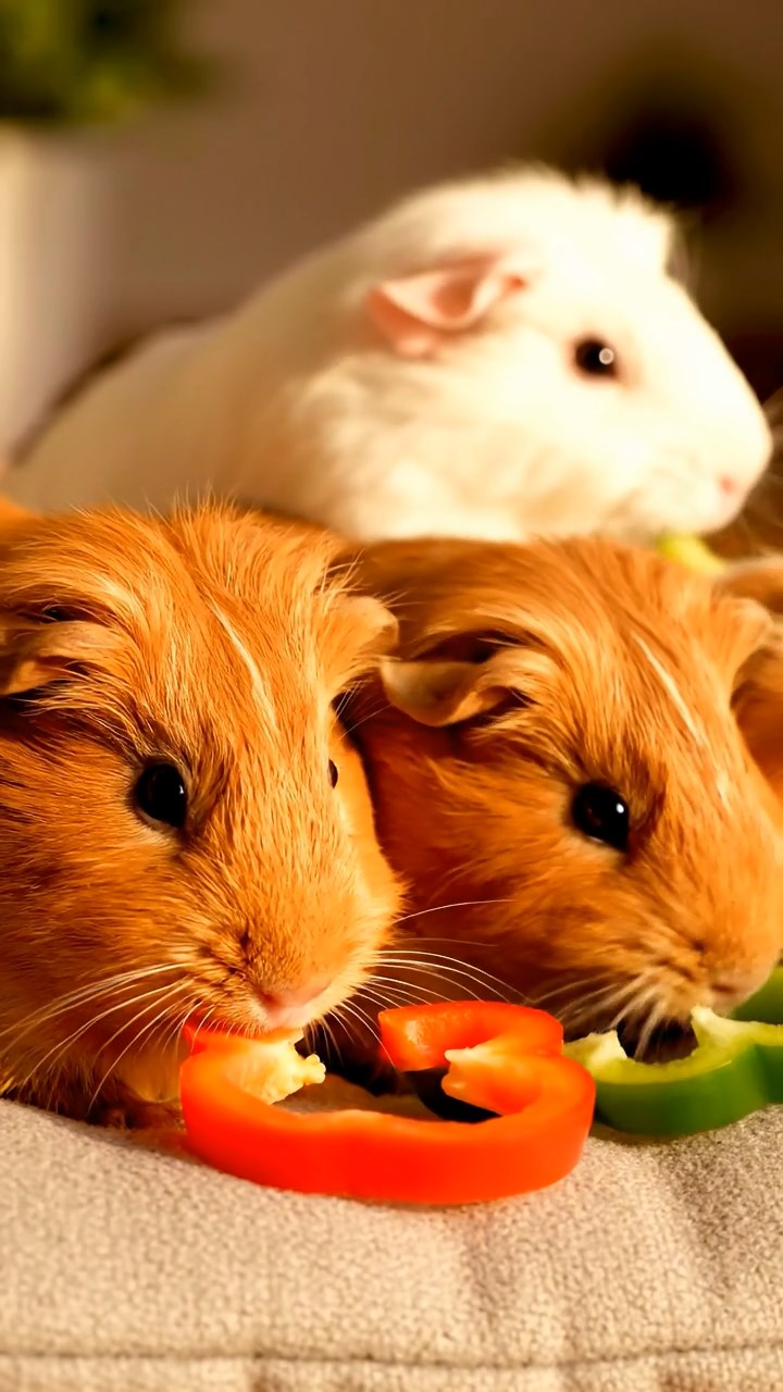 504. Realistic scene of 4 smooth-haired Californian guinea pigs with Fawn, Chocolate, Cinnamon, and Sable fur, dressed as firefighters in tiny uniforms, operating a miniature ladder in a guinea pig town square with cobblestone paths and glowing lanterns, enhancing the lifelike, heroic atmosphere.