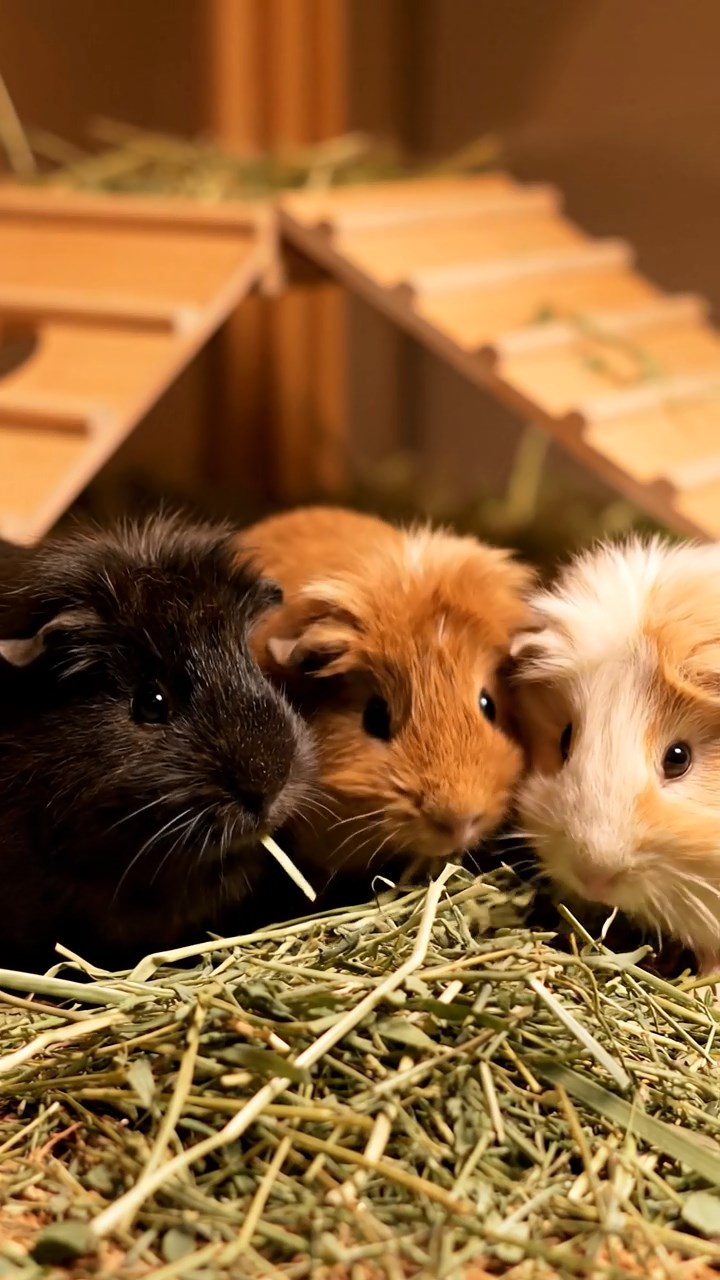 505. Detailed photo of 5 smooth-haired American guinea pigs with White, Orange, Gray, Black, and Brown fur, nest-building with twigs and grass in a tranquil forest glade with soft ferns and a babbling brook, under gentle morning light, creating a vivid, realistic scene of cooperative effort.
