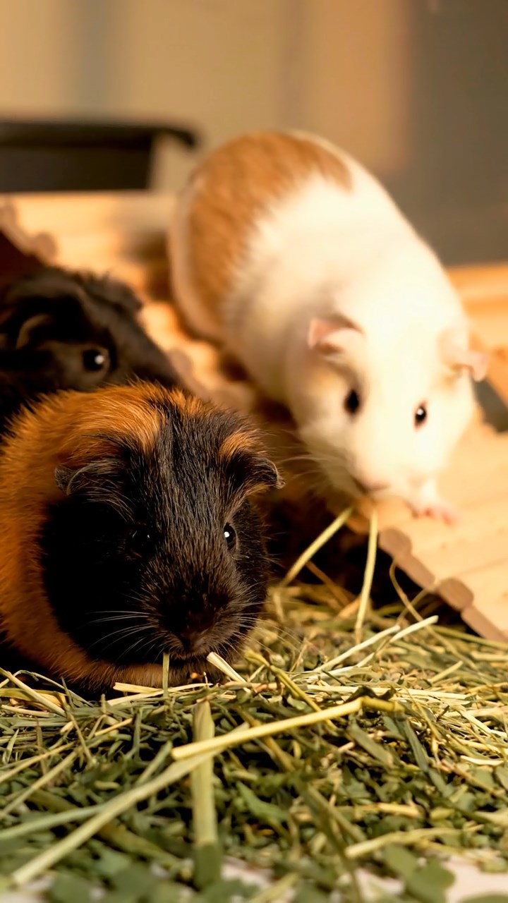 505. Detailed photo of 5 smooth-haired American guinea pigs with White, Orange, Gray, Black, and Brown fur, nest-building with twigs and grass in a tranquil forest glade with soft ferns and a babbling brook, under gentle morning light, creating a vivid, realistic scene of cooperative effort.