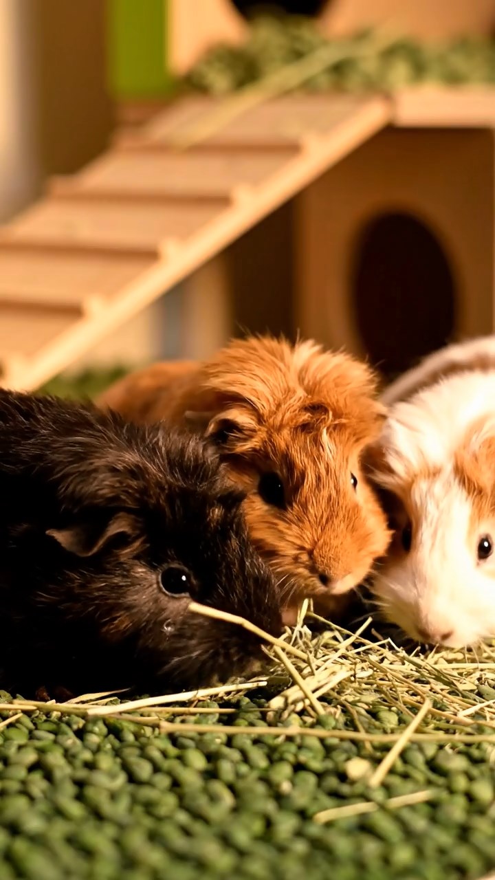 505. Detailed photo of 5 smooth-haired American guinea pigs with White, Orange, Gray, Black, and Brown fur, nest-building with twigs and grass in a tranquil forest glade with soft ferns and a babbling brook, under gentle morning light, creating a vivid, realistic scene of cooperative effort.