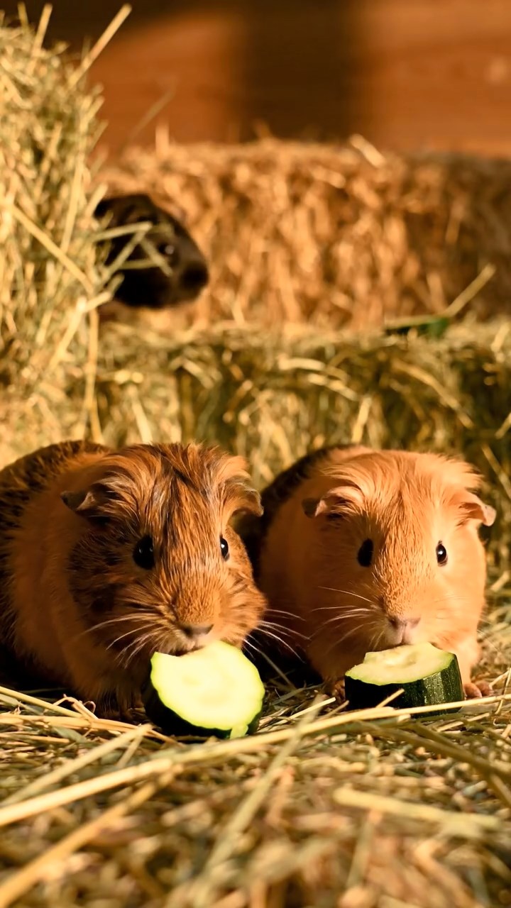 507. Highly detailed view of 2 smooth-haired Himalayan guinea pigs with Fawn and Sable fur, dressed as journalists in tiny vests, interviewing with miniature notepads in a guinea pig newsroom with hay desks and typewriters, under bright lights, creating a realistic, bustling scene.