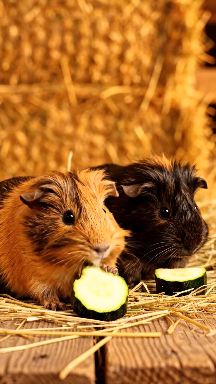 507. Highly detailed view of 2 smooth-haired Himalayan guinea pigs with Fawn and Sable fur, dressed as journalists in tiny vests, interviewing with miniature notepads in a guinea pig newsroom with hay desks and typewriters, under bright lights, creating a realistic, bustling scene.