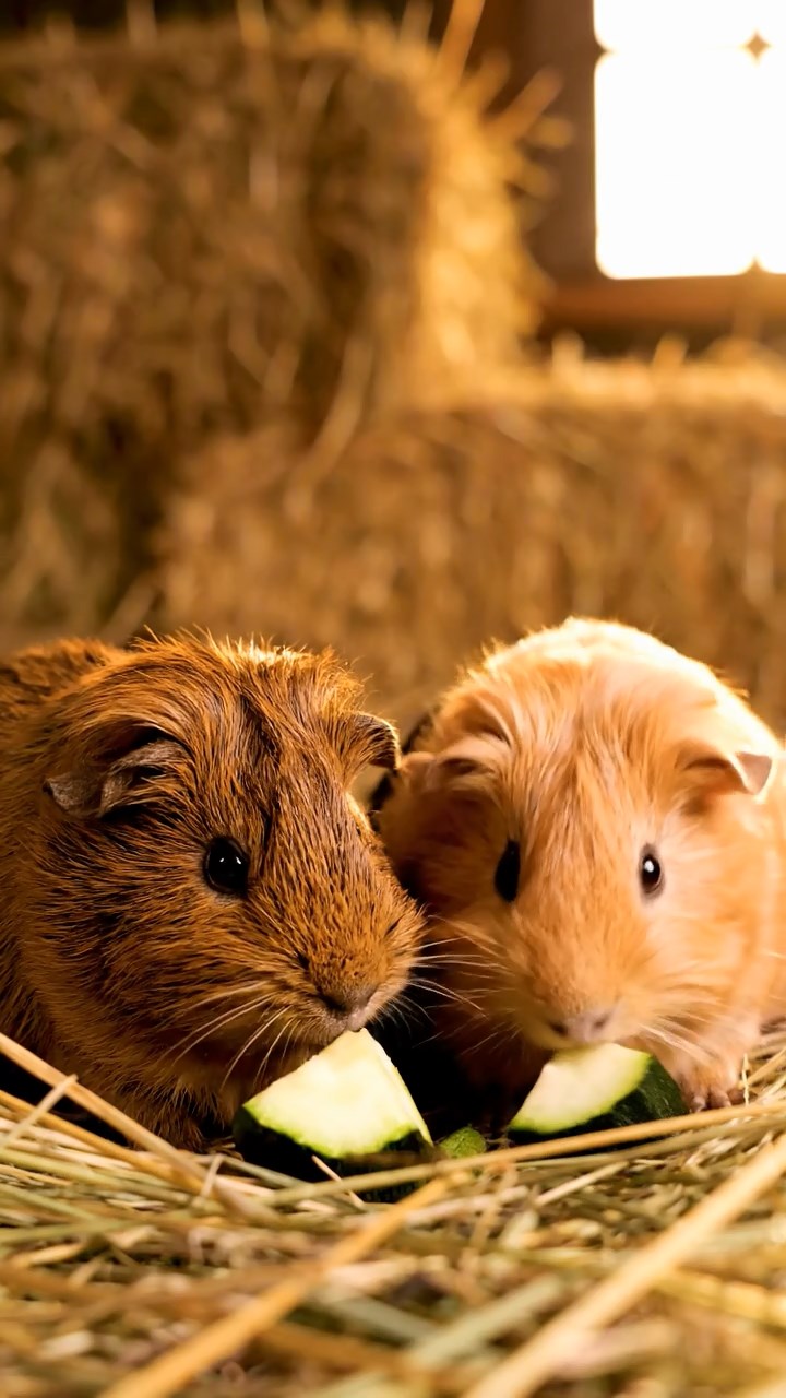 507. Highly detailed view of 2 smooth-haired Himalayan guinea pigs with Fawn and Sable fur, dressed as journalists in tiny vests, interviewing with miniature notepads in a guinea pig newsroom with hay desks and typewriters, under bright lights, creating a realistic, bustling scene.