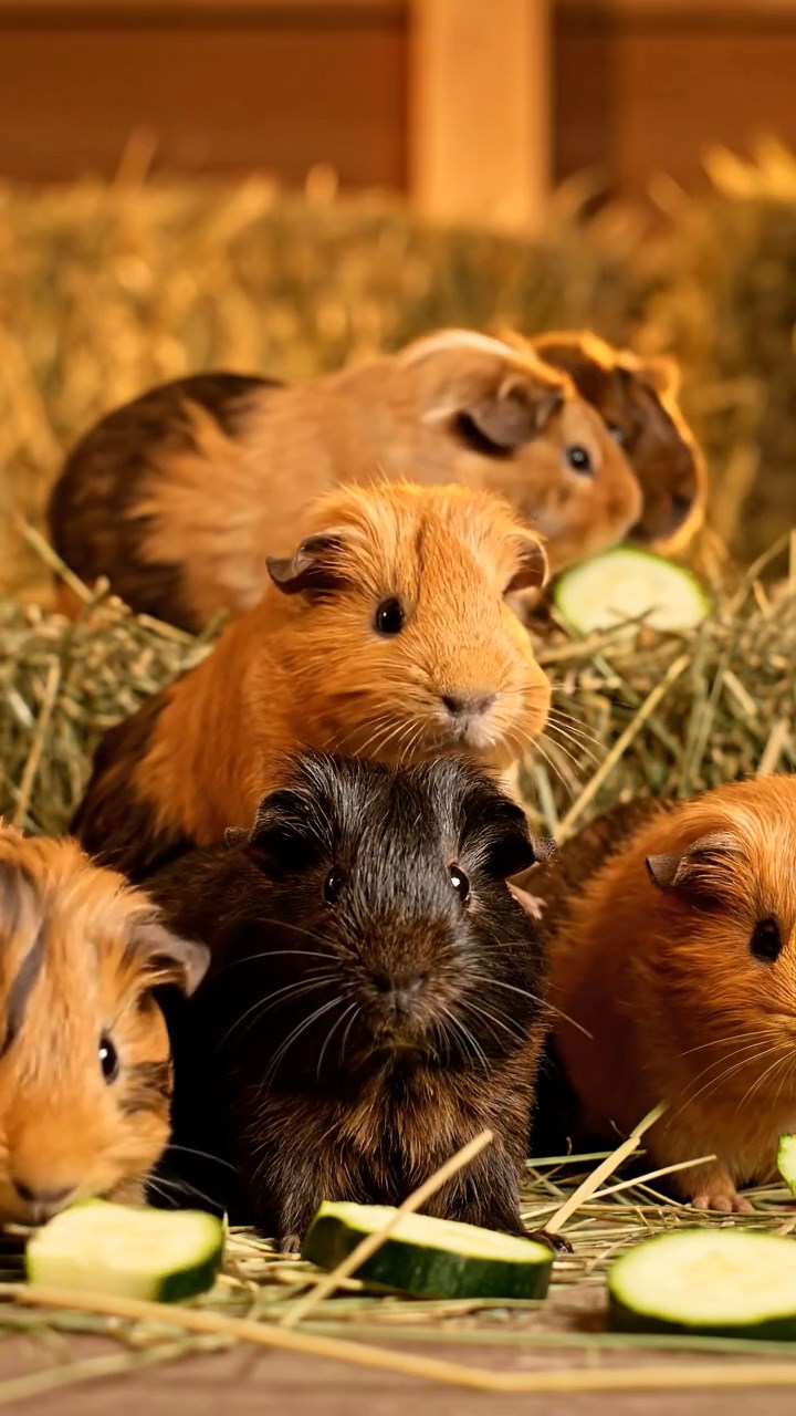 507. Highly detailed view of 2 smooth-haired Himalayan guinea pigs with Fawn and Sable fur, dressed as journalists in tiny vests, interviewing with miniature notepads in a guinea pig newsroom with hay desks and typewriters, under bright lights, creating a realistic, bustling scene.