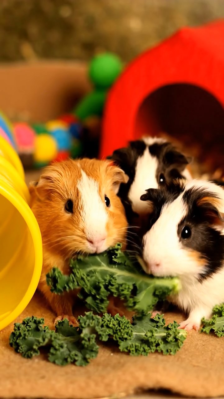 508. Realistic scene of 3 smooth-haired Californian guinea pigs with Chocolate, Cinnamon, and Gray fur, drinking from a clear stream in a forested slope with pine needles and moss, under dappled sunlight, enhancing the authentic, serene atmosphere.