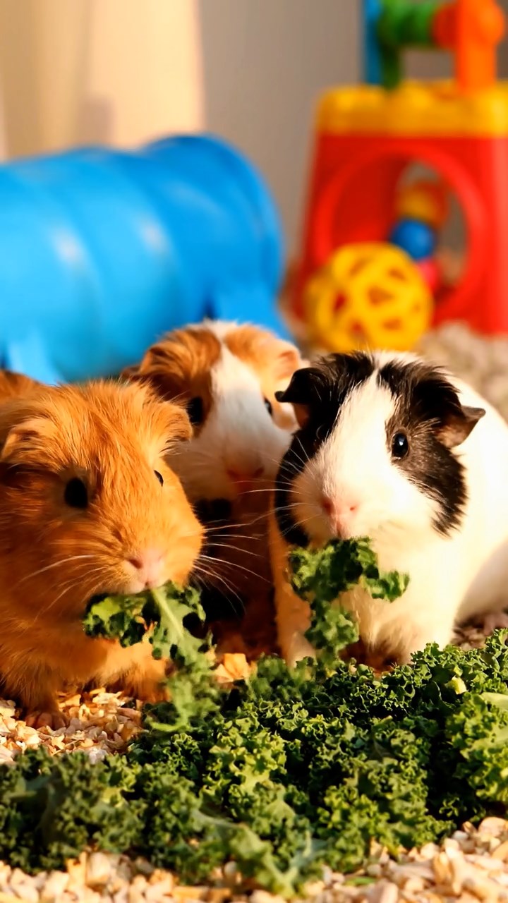 508. Realistic scene of 3 smooth-haired Californian guinea pigs with Chocolate, Cinnamon, and Gray fur, drinking from a clear stream in a forested slope with pine needles and moss, under dappled sunlight, enhancing the authentic, serene atmosphere.
