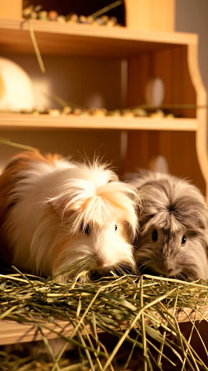 509. Detailed photo of 4 smooth-haired American guinea pigs with White, Orange, Black, and Brown fur, dressed as architects in tiny hard hats, designing miniature buildings in a guinea pig office with hay models and wooden desks, under soft daylight, creating a vivid, realistic professional scene.
