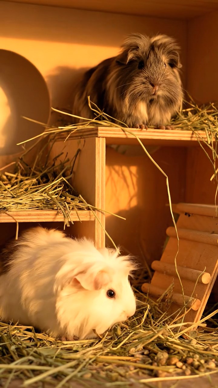 509. Detailed photo of 4 smooth-haired American guinea pigs with White, Orange, Black, and Brown fur, dressed as architects in tiny hard hats, designing miniature buildings in a guinea pig office with hay models and wooden desks, under soft daylight, creating a vivid, realistic professional scene.