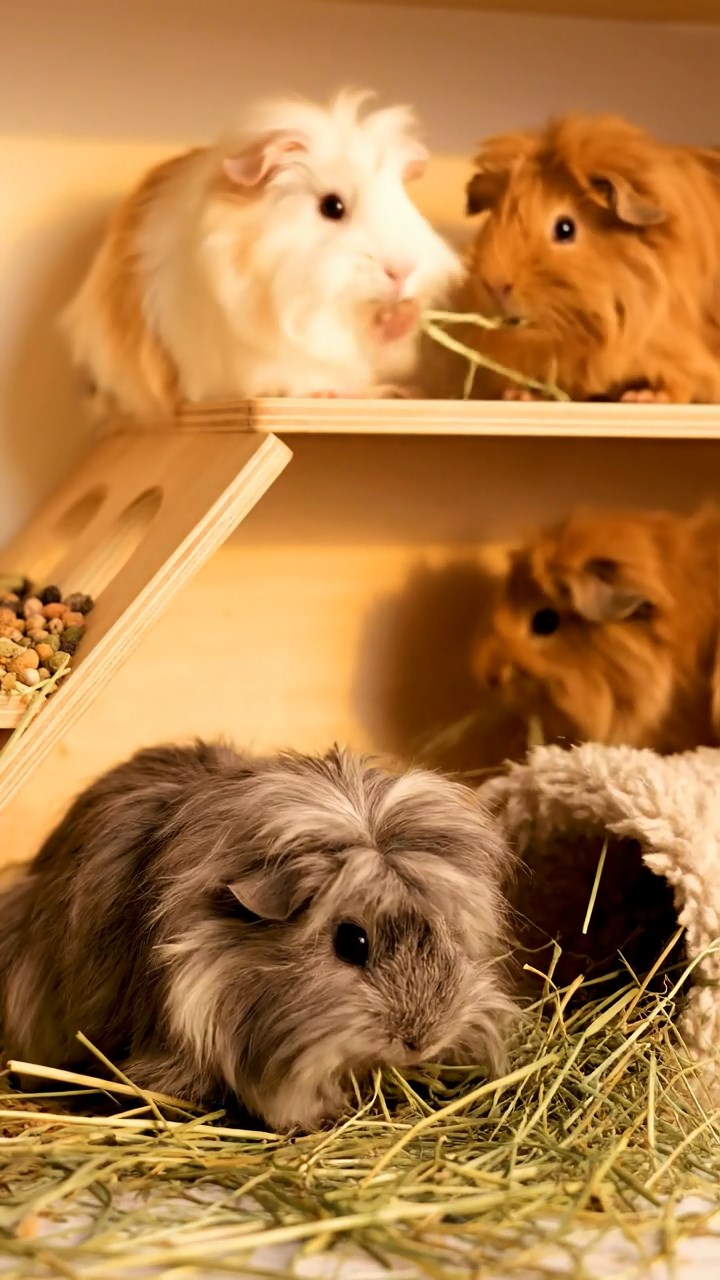 509. Detailed photo of 4 smooth-haired American guinea pigs with White, Orange, Black, and Brown fur, dressed as architects in tiny hard hats, designing miniature buildings in a guinea pig office with hay models and wooden desks, under soft daylight, creating a vivid, realistic professional scene.