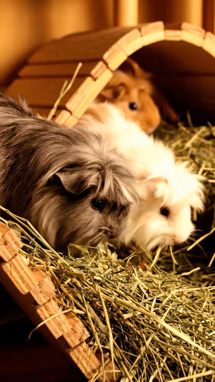 509. Detailed photo of 4 smooth-haired American guinea pigs with White, Orange, Black, and Brown fur, dressed as architects in tiny hard hats, designing miniature buildings in a guinea pig office with hay models and wooden desks, under soft daylight, creating a vivid, realistic professional scene.