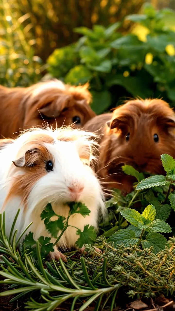 510. Photorealistic scene of 5 smooth-haired Teddy guinea pigs with Cream, Fawn, Sable, Gray, and Cinnamon fur, rolling in dust to clean their fur in a sandy hillside dotted with sparse grass, under a golden sunset, capturing a lifelike, natural behavior moment.