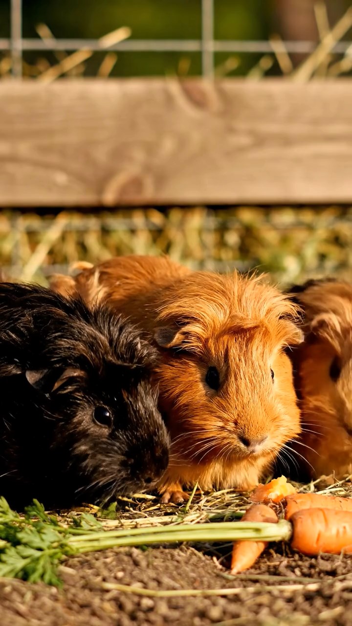 511. Highly detailed view of 1 smooth-haired Himalayan guinea pig with White fur, chewing on fresh broccoli, in a vibrant vegetable garden with rows of carrots and lettuce, under bright sunlight, creating a realistic, colorful rural scene of peaceful foraging.