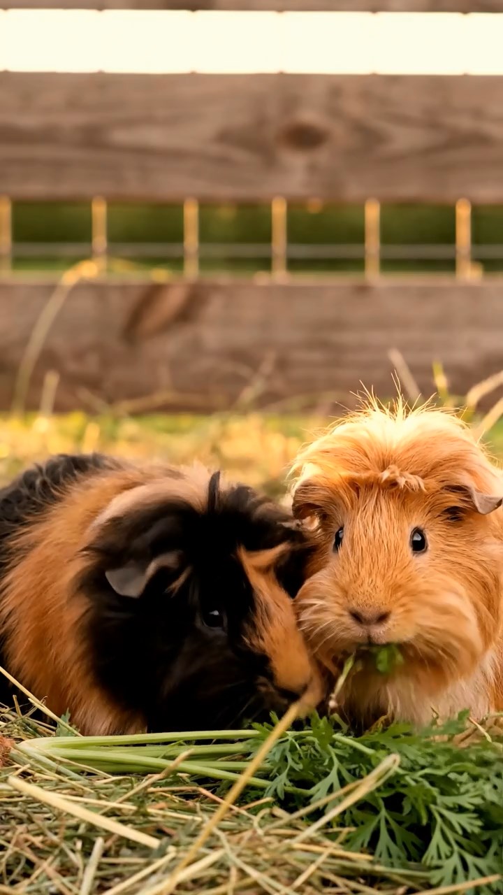 511. Highly detailed view of 1 smooth-haired Himalayan guinea pig with White fur, chewing on fresh broccoli, in a vibrant vegetable garden with rows of carrots and lettuce, under bright sunlight, creating a realistic, colorful rural scene of peaceful foraging.
