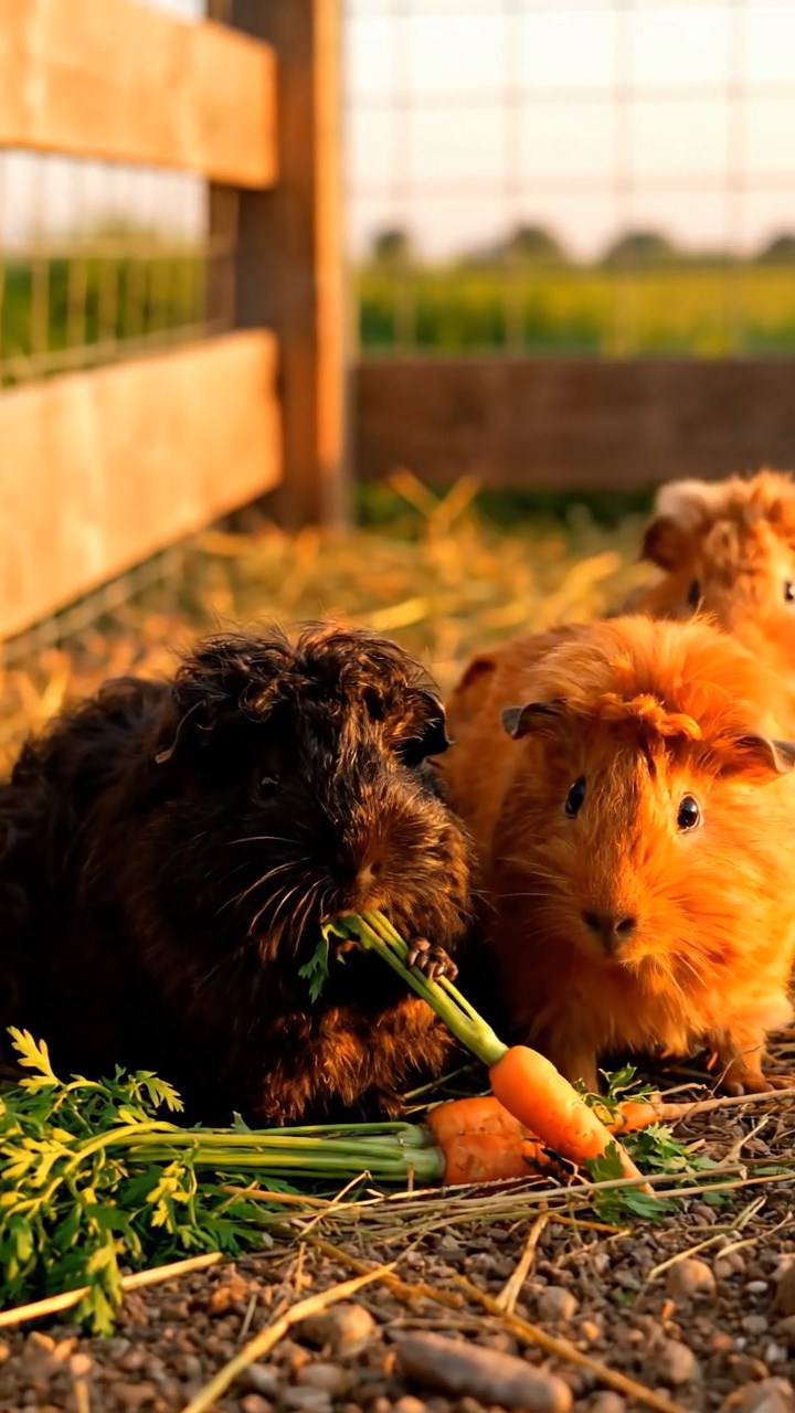 511. Highly detailed view of 1 smooth-haired Himalayan guinea pig with White fur, chewing on fresh broccoli, in a vibrant vegetable garden with rows of carrots and lettuce, under bright sunlight, creating a realistic, colorful rural scene of peaceful foraging.