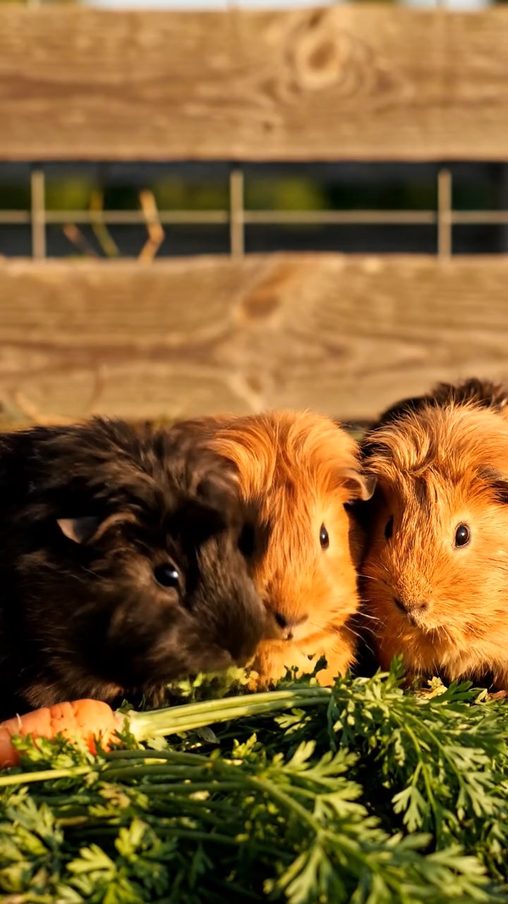 511. Highly detailed view of 1 smooth-haired Himalayan guinea pig with White fur, chewing on fresh broccoli, in a vibrant vegetable garden with rows of carrots and lettuce, under bright sunlight, creating a realistic, colorful rural scene of peaceful foraging.