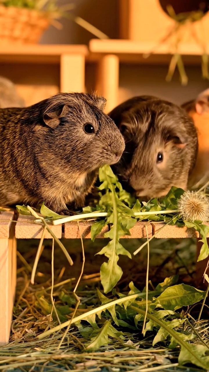 512. Realistic scene of 2 smooth-haired Californian guinea pigs with Orange and Black fur, dressed as tailors in tiny vests, sewing miniature scarves in a guinea pig atelier with colorful fabrics and hay mannequins, under warm lamplight, enhancing the lifelike, creative atmosphere.