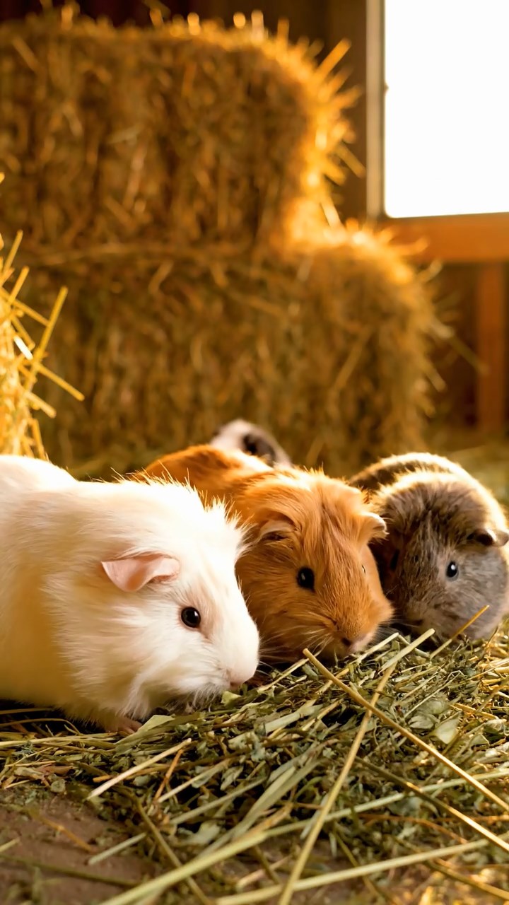 513. Detailed photo of 3 smooth-haired American guinea pigs with Gray, Cream, and Brown fur, marking territory with subtle scent trails in a lush fern grove with dense green fronds, under dappled sunlight, creating a vivid, realistic forest scene.