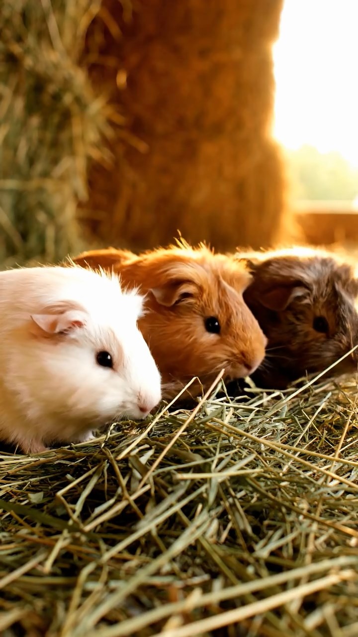 513. Detailed photo of 3 smooth-haired American guinea pigs with Gray, Cream, and Brown fur, marking territory with subtle scent trails in a lush fern grove with dense green fronds, under dappled sunlight, creating a vivid, realistic forest scene.