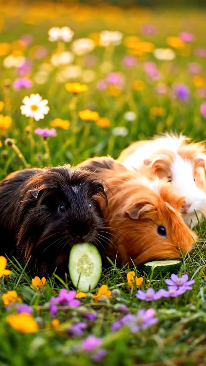 514. Photorealistic scene of 4 smooth-haired Teddy guinea pigs with Fawn, Chocolate, Cinnamon, and Sable fur, dressed as scientists in tiny lab coats, conducting experiments in a guinea pig laboratory with miniature beakers and hay benches, under bright lights, capturing a realistic, intellectual moment.