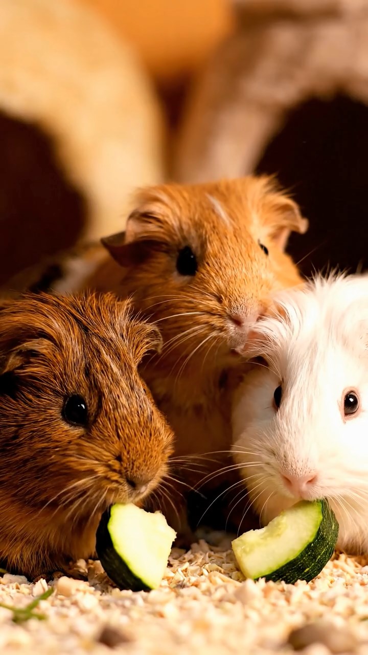 515. Highly detailed view of 5 smooth-haired Himalayan guinea pigs with White, Orange, Gray, Black, and Brown fur, snuggling for warmth in a cozy nest of grass and twigs in a tranquil meadow with wildflowers, under soft morning light, creating a realistic, heartwarming scene.