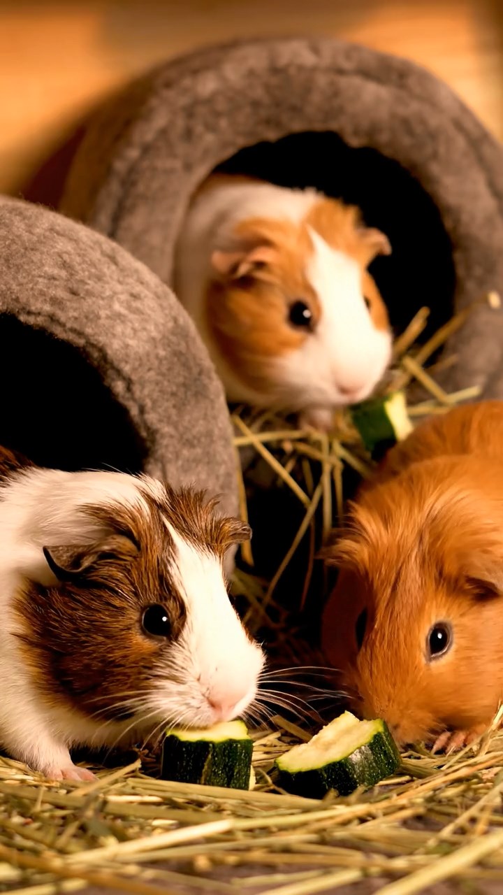 515. Highly detailed view of 5 smooth-haired Himalayan guinea pigs with White, Orange, Gray, Black, and Brown fur, snuggling for warmth in a cozy nest of grass and twigs in a tranquil meadow with wildflowers, under soft morning light, creating a realistic, heartwarming scene.
