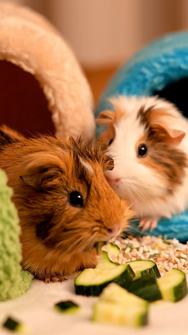 515. Highly detailed view of 5 smooth-haired Himalayan guinea pigs with White, Orange, Gray, Black, and Brown fur, snuggling for warmth in a cozy nest of grass and twigs in a tranquil meadow with wildflowers, under soft morning light, creating a realistic, heartwarming scene.