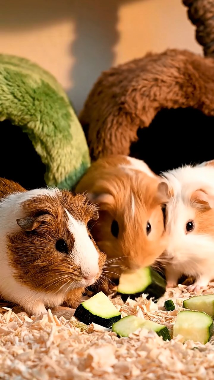 515. Highly detailed view of 5 smooth-haired Himalayan guinea pigs with White, Orange, Gray, Black, and Brown fur, snuggling for warmth in a cozy nest of grass and twigs in a tranquil meadow with wildflowers, under soft morning light, creating a realistic, heartwarming scene.