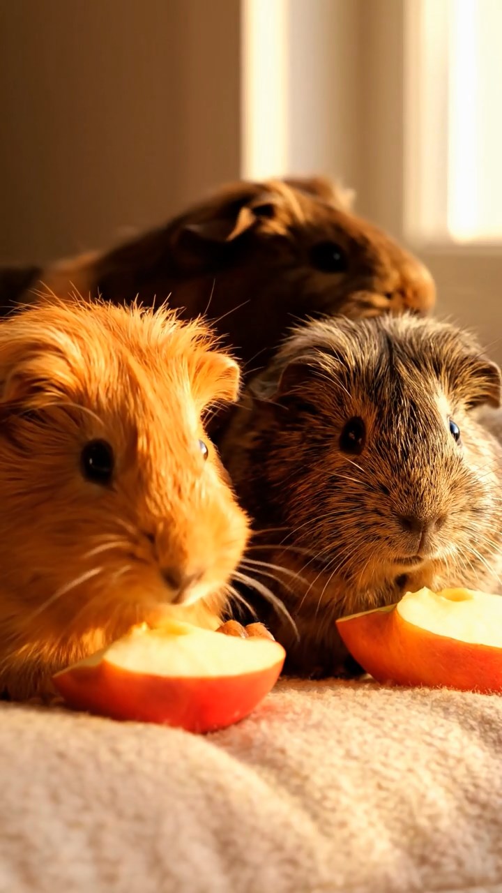 516. Realistic scene of 1 smooth-haired Californian guinea pig with Cream fur, munching on strawberries, in a fragrant citrus orchard with rows of orange trees glistening with dew, under warm sunlight, capturing a vivid, lifelike rural moment.