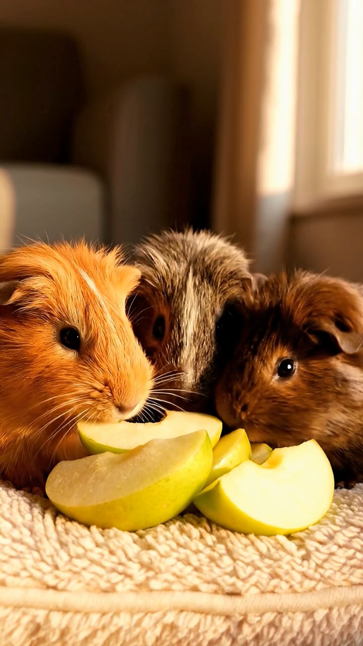 516. Realistic scene of 1 smooth-haired Californian guinea pig with Cream fur, munching on strawberries, in a fragrant citrus orchard with rows of orange trees glistening with dew, under warm sunlight, capturing a vivid, lifelike rural moment.