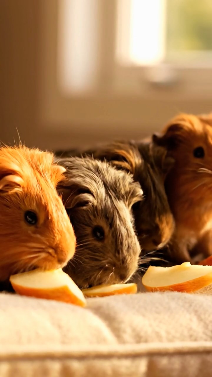 516. Realistic scene of 1 smooth-haired Californian guinea pig with Cream fur, munching on strawberries, in a fragrant citrus orchard with rows of orange trees glistening with dew, under warm sunlight, capturing a vivid, lifelike rural moment.