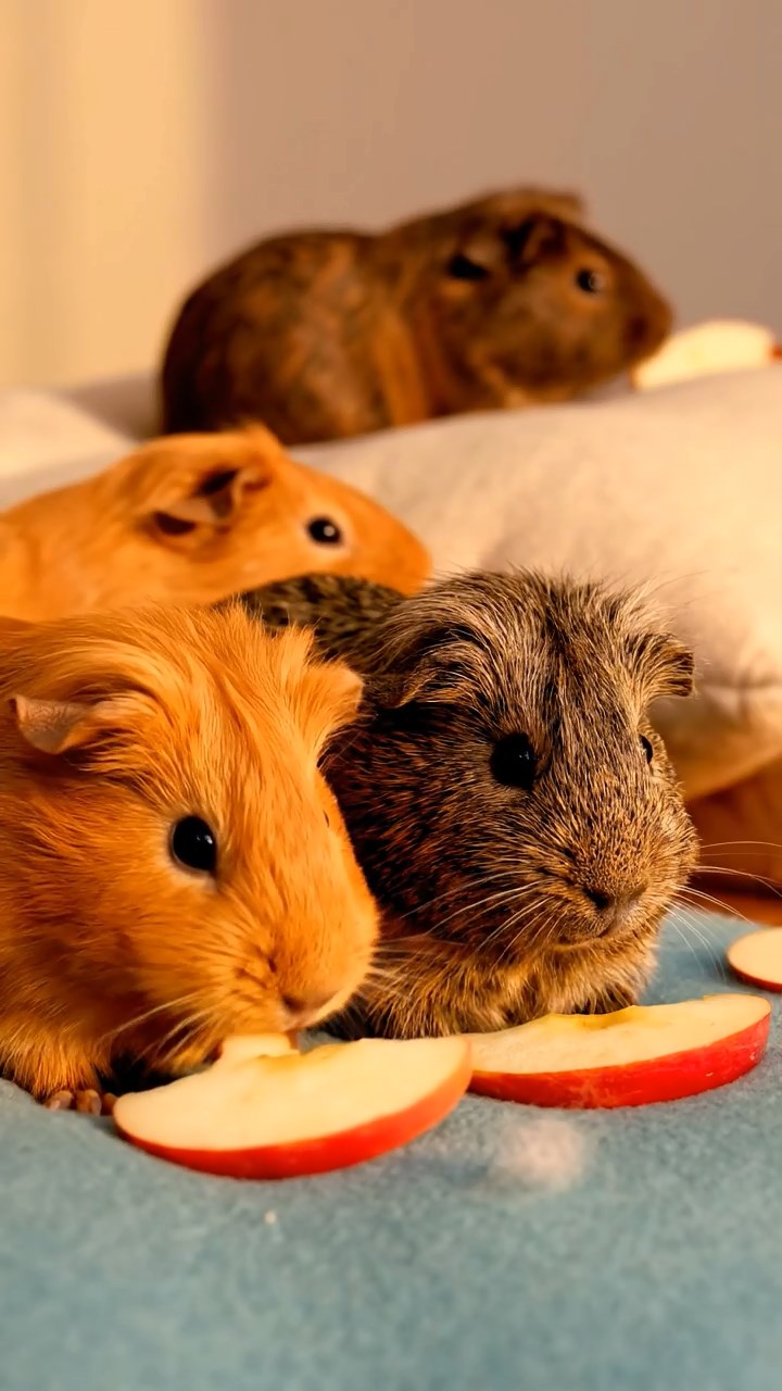 516. Realistic scene of 1 smooth-haired Californian guinea pig with Cream fur, munching on strawberries, in a fragrant citrus orchard with rows of orange trees glistening with dew, under warm sunlight, capturing a vivid, lifelike rural moment.