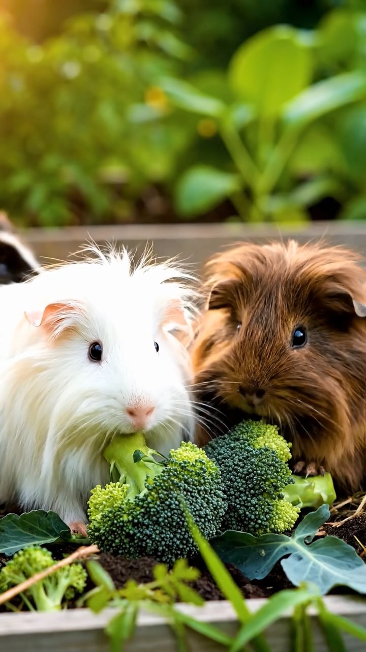 1339. Photorealistic scene of 2 smooth-haired White Crested guinea pigs featuring white and orange coats, eating alfalfa hay, on a lunar base habitat with regolith outside.