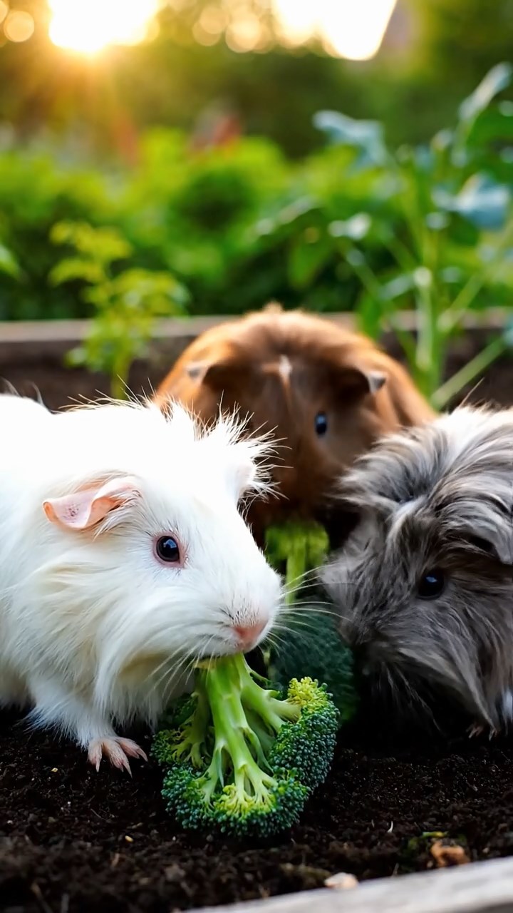 1339. Photorealistic scene of 2 smooth-haired White Crested guinea pigs featuring white and orange coats, eating alfalfa hay, on a lunar base habitat with regolith outside.