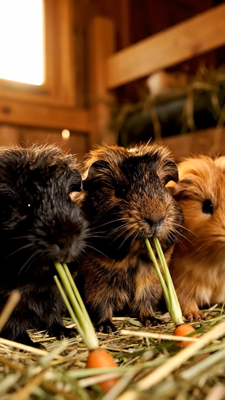 1340. Realistic depiction of 3 smooth-haired Skinny guinea pigs with gray, black, and brown fur, nibbling on kiwi skins, inside a mystical mage's spire with arcane tomes.