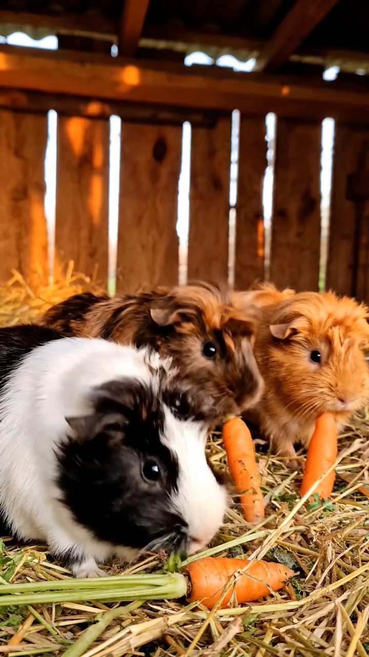 1340. Realistic depiction of 3 smooth-haired Skinny guinea pigs with gray, black, and brown fur, nibbling on kiwi skins, inside a mystical mage's spire with arcane tomes.