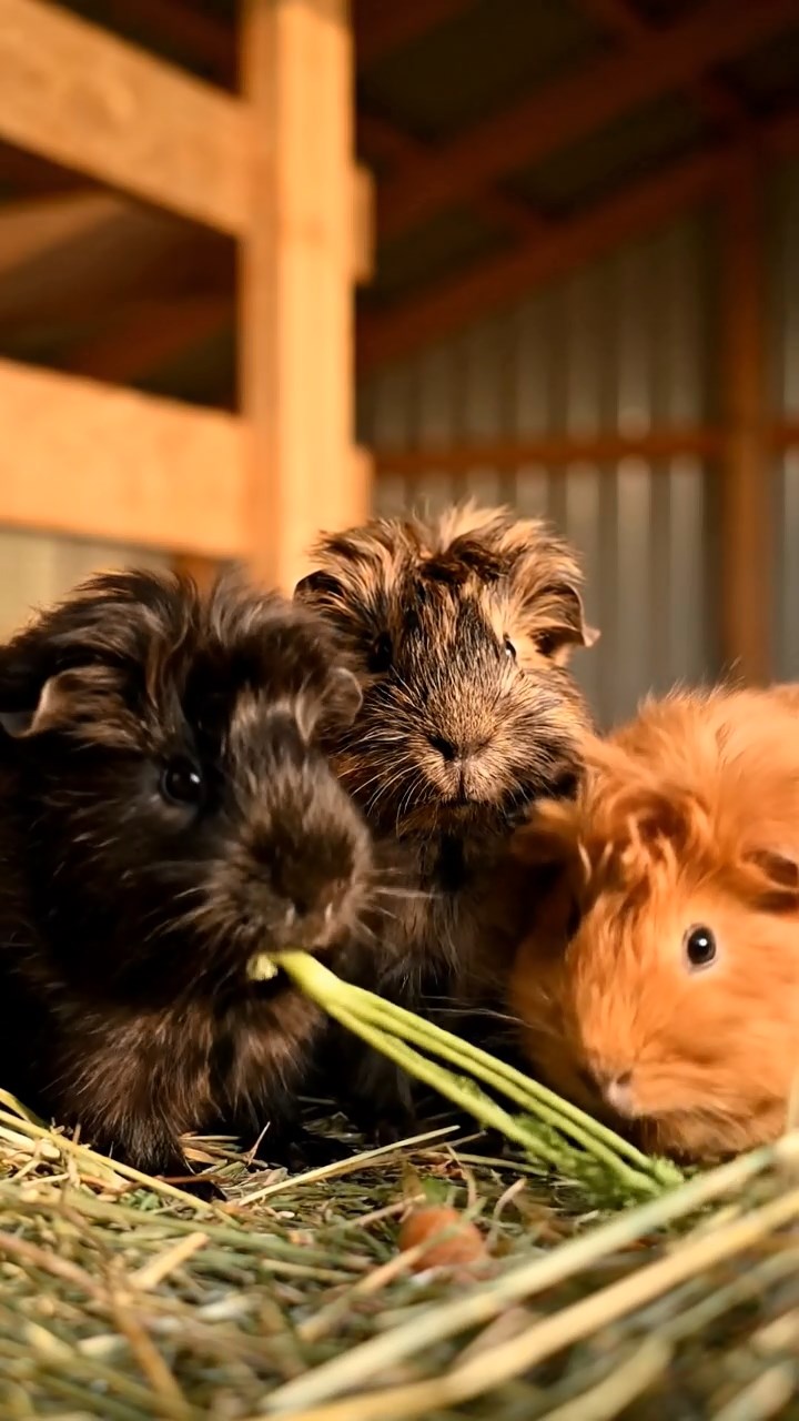 1340. Realistic depiction of 3 smooth-haired Skinny guinea pigs with gray, black, and brown fur, nibbling on kiwi skins, inside a mystical mage's spire with arcane tomes.