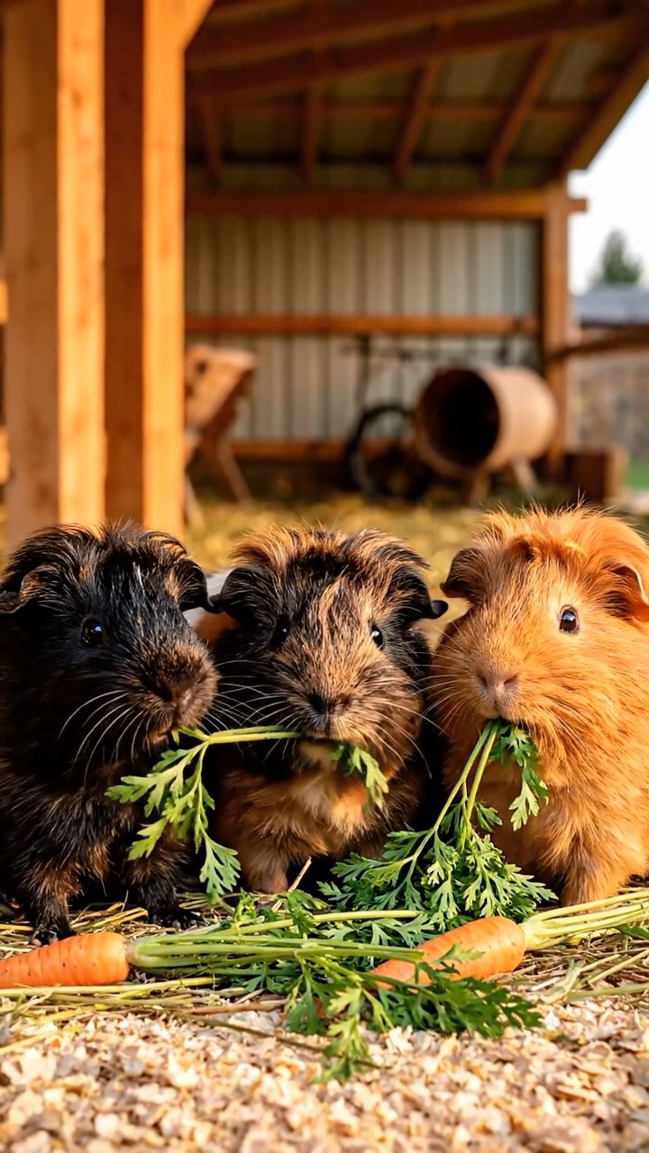 1340. Realistic depiction of 3 smooth-haired Skinny guinea pigs with gray, black, and brown fur, nibbling on kiwi skins, inside a mystical mage's spire with arcane tomes.