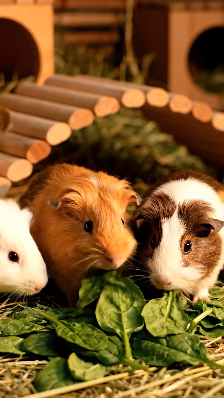 1341. Detailed photo of 1 smooth-haired American guinea pig with cream fur, chewing on parsley stems, on a wildlife safari vehicle roof with giraffes nearby.
