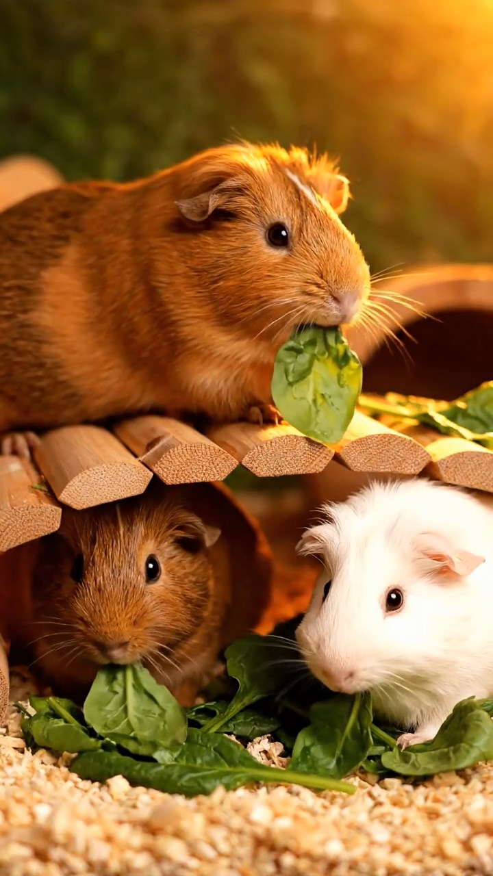 1341. Detailed photo of 1 smooth-haired American guinea pig with cream fur, chewing on parsley stems, on a wildlife safari vehicle roof with giraffes nearby.