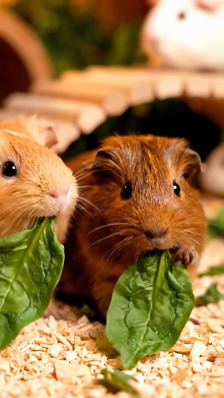 1341. Detailed photo of 1 smooth-haired American guinea pig with cream fur, chewing on parsley stems, on a wildlife safari vehicle roof with giraffes nearby.