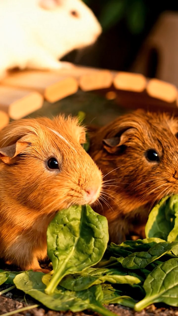 1341. Detailed photo of 1 smooth-haired American guinea pig with cream fur, chewing on parsley stems, on a wildlife safari vehicle roof with giraffes nearby.