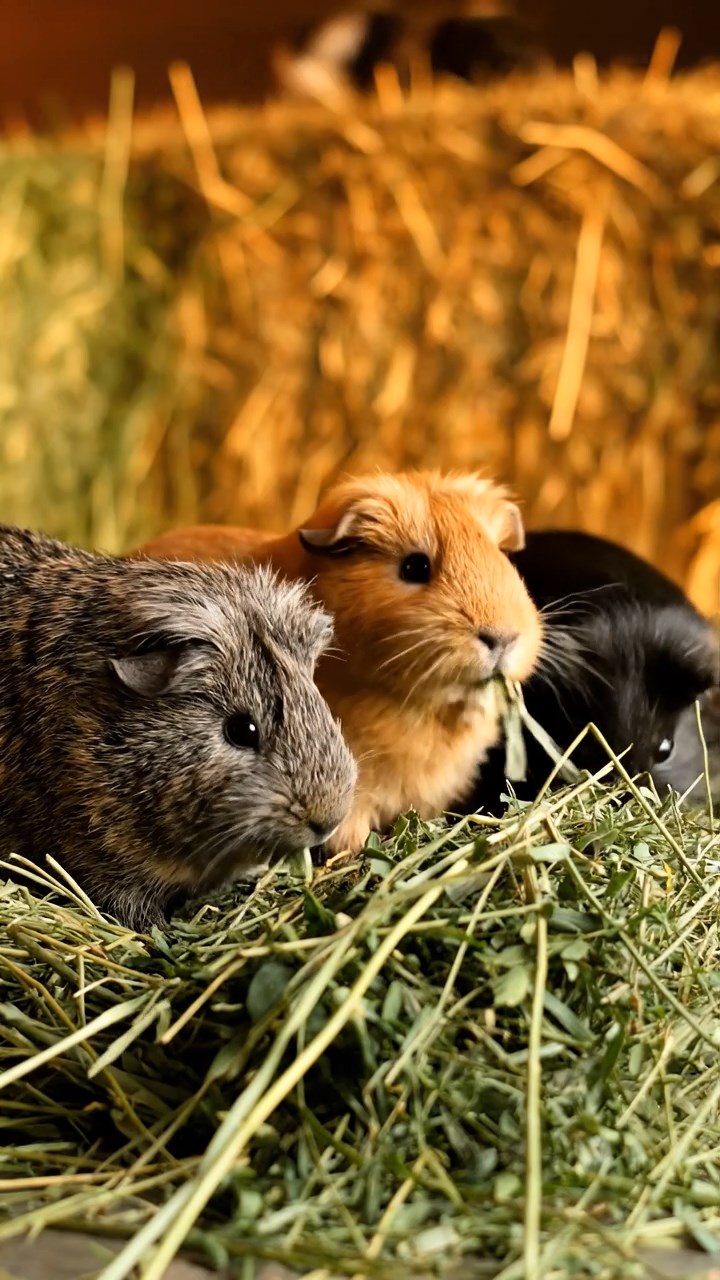 1342. Photorealistic image of 4 smooth-haired Abyssinian guinea pigs in fawn, chocolate, and cinnamon colors, sharing banana chunks, in a submerged mythic city with pearl gates.