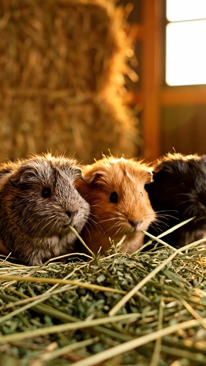 1342. Photorealistic image of 4 smooth-haired Abyssinian guinea pigs in fawn, chocolate, and cinnamon colors, sharing banana chunks, in a submerged mythic city with pearl gates.