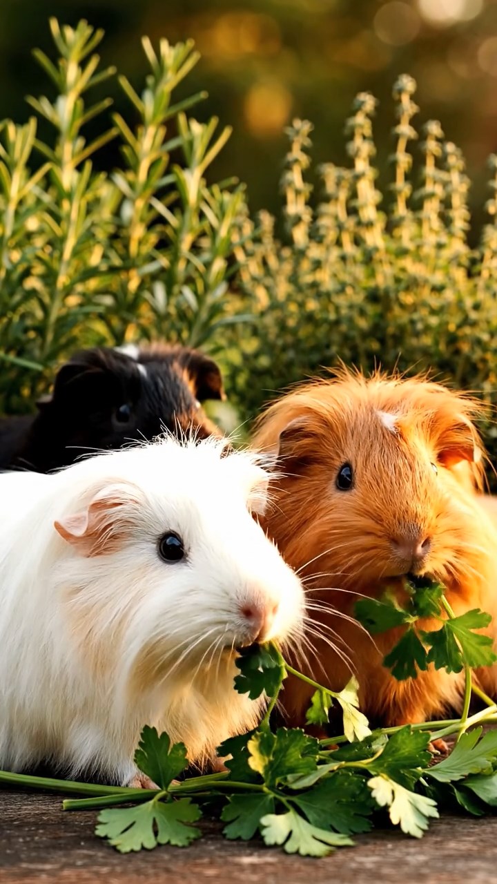 1343. Realistic scene of 2 smooth-haired Peruvian guinea pigs with sable and white fur, munching on strawberry tops, atop a tall skyscraper helipad with urban sprawl.