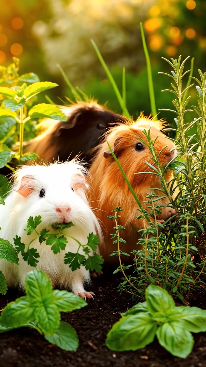 1343. Realistic scene of 2 smooth-haired Peruvian guinea pigs with sable and white fur, munching on strawberry tops, atop a tall skyscraper helipad with urban sprawl.