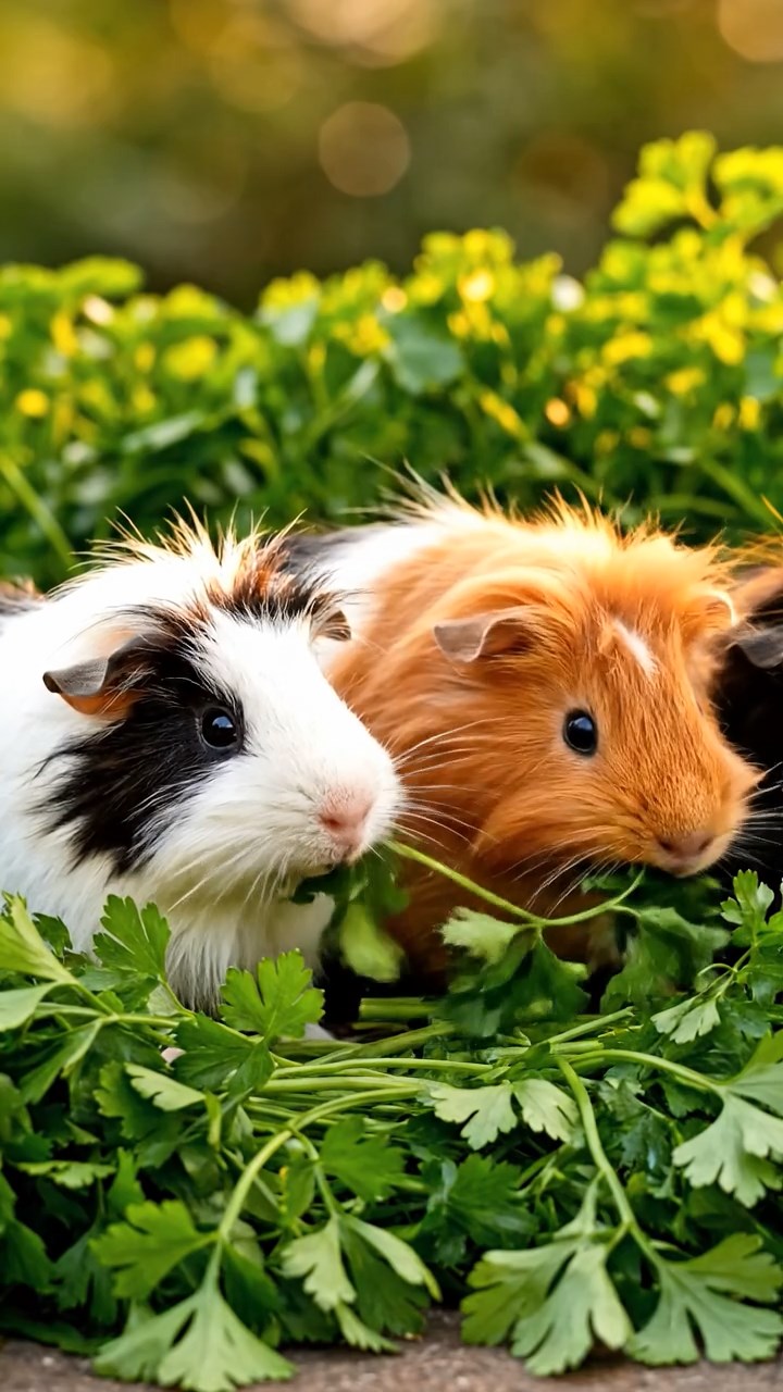 1343. Realistic scene of 2 smooth-haired Peruvian guinea pigs with sable and white fur, munching on strawberry tops, atop a tall skyscraper helipad with urban sprawl.